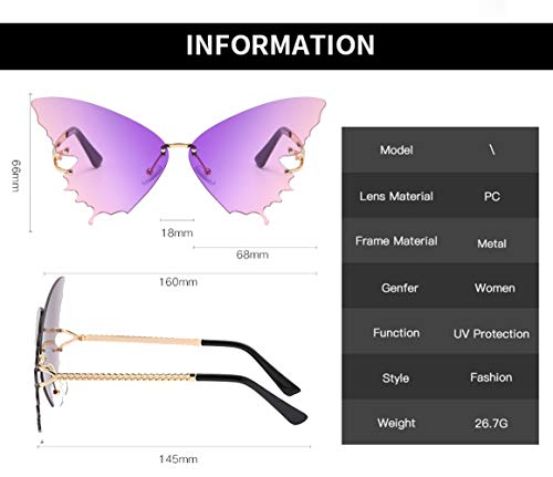 N A Gafas de Sol Sin Montura de Mariposa de Moda Para Mujer Gafas de Montura Metálica Vintage Protección UV (Rosa Púrpura +Gris Azul)