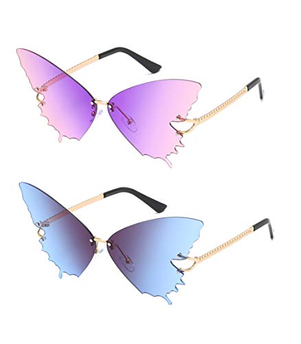 N A Gafas de Sol Sin Montura de Mariposa de Moda Para Mujer Gafas de Montura Metálica Vintage Protección UV (Rosa Púrpura +Gris Azul)