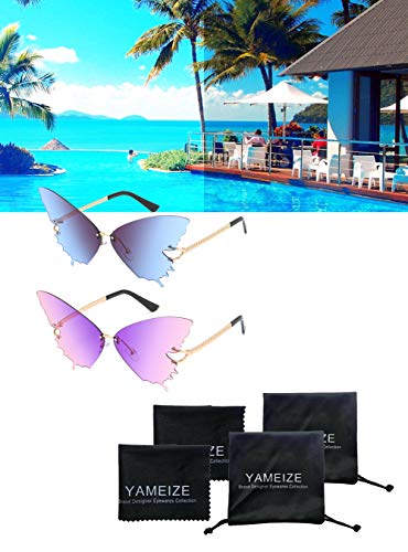 N A Gafas de Sol Sin Montura de Mariposa de Moda Para Mujer Gafas de Montura Metálica Vintage Protección UV (Rosa Púrpura +Gris Azul)