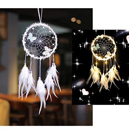 N-D Atrapasueños con luz LED, decoración de pared india, atrapasueños para dormitorio, manualidades, regalo de boda, para niños, niñas y amigos (blanco)