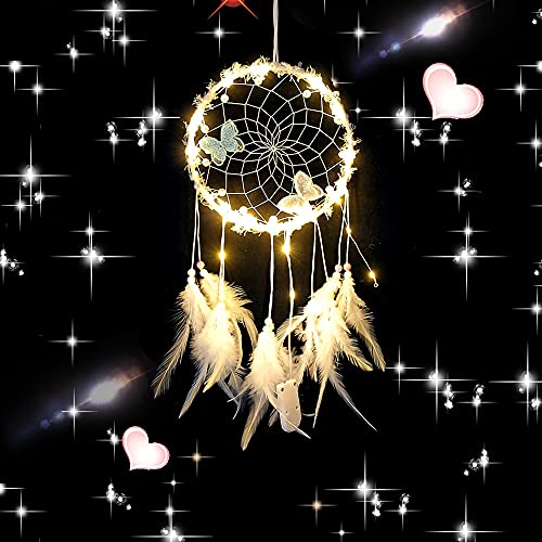 N-D Atrapasueños con luz LED, decoración de pared india, atrapasueños para dormitorio, manualidades, regalo de boda, para niños, niñas y amigos (blanco)