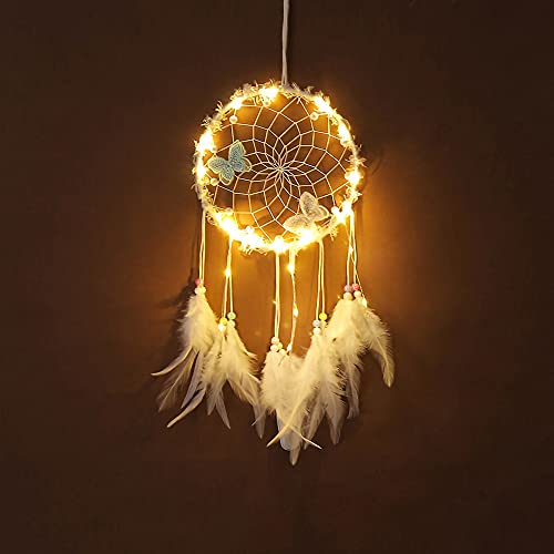 N-D Atrapasueños con luz LED, decoración de pared india, atrapasueños para dormitorio, manualidades, regalo de boda, para niños, niñas y amigos (blanco)