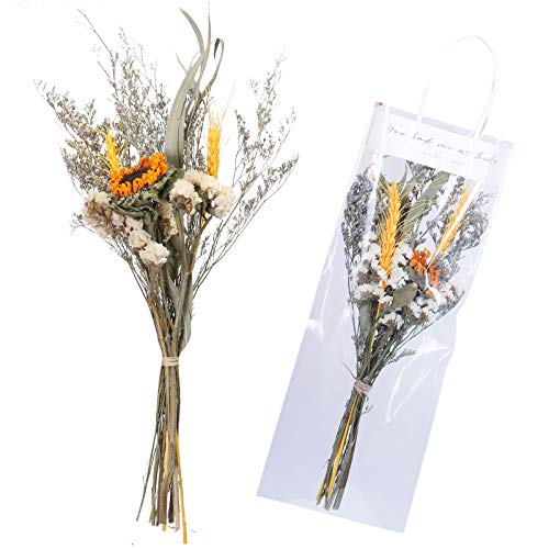 NAHUAA Flores Secas Girasoles Amarillas Naturales Ramos de Flores Secas con Bolsa Transparente Flores Ramas Pequeñas Naturales con Bolsa Transparente Decoracion para Casa Bodas