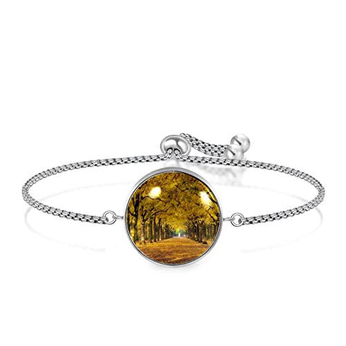 nakw88 Pulseras de acero inoxidable con patrones para mujeres y niñas ajustables | Exquisita caja otoño árboles amarillo follaje Avenue