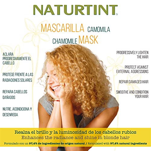 Naturtint Mascarilla Camomila. Hidratación y Brillo. Intensos Reflejos Dorados. 97,4% Ingredientes Naturales. Camomila, Miel y Limón. 150ml