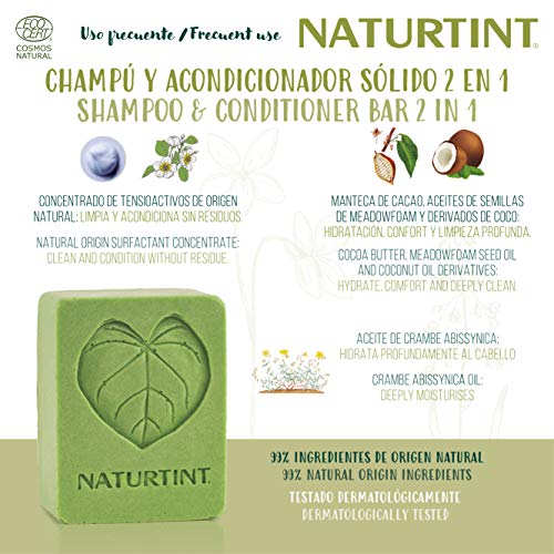 Naturtint Uso Frecuente 2 en 1, Champú Sólido + Acondicionador Ecológico, Hidrata y Repara, Cabello Más Brillante y Fuerte, 99% Ingredientes Naturales, Sin Siliconas ni Parabenos - 75ml