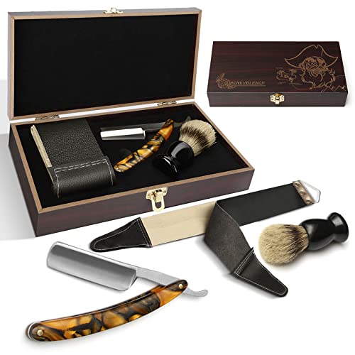 Navaja de Afeitar Tradicional, Navaja de Afeitar Barbero, Máquina de Afeitar Manual con Cuchillo para Barba, Cepillo para Barba, Cinturón Pulidor y Caja de Madera - Regalo de San Valentin Hombres