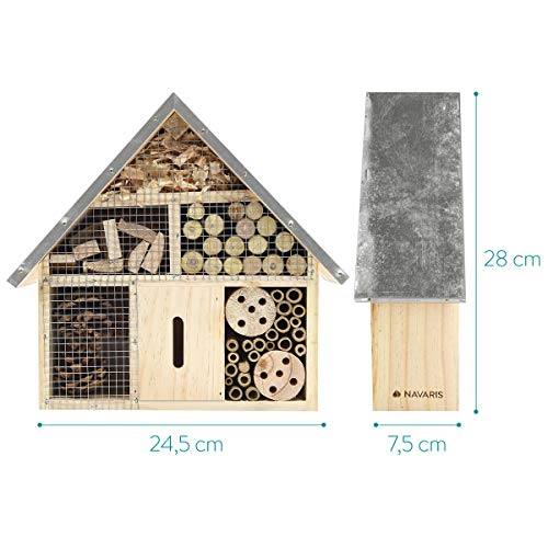 Navaris Hotel de Insectos Madera M - observatorio de Insectos 24,5 x 28 x 7,5cm - casa Natural con Cubierta metálica y Gancho para Diferentes bichos