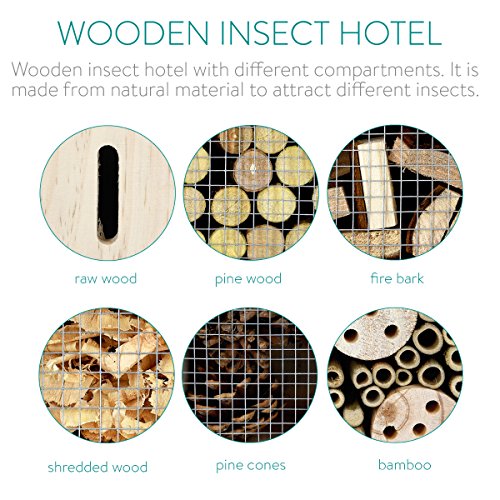 Navaris Hotel de Insectos Madera M - observatorio de Insectos 24,5 x 28 x 7,5cm - casa Natural con Cubierta metálica y Gancho para Diferentes bichos