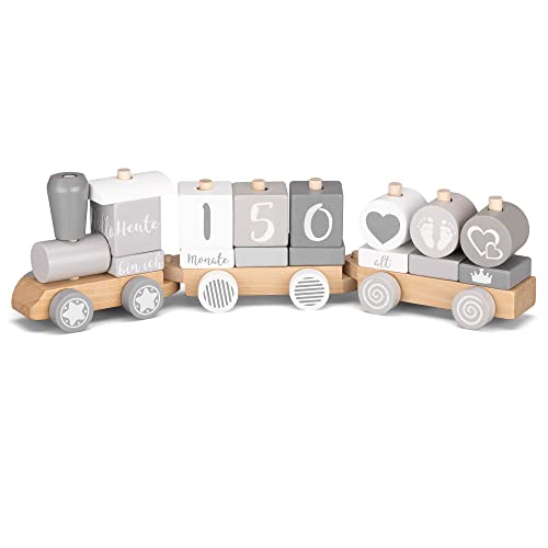 Navaris Tren de Madera para niños - 2en1 Juguete con Piezas para marcar hitos años Meses Navidad - Locomotora Desmontable con Bloques en alemán