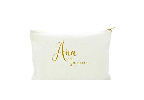 Neceser BODA novia, madrina, amiga de la novia, personalizado en algodón blanco, con borla DORADA. 2 TAMAÑOS. Regalo Boda. Regalo original para mujer.