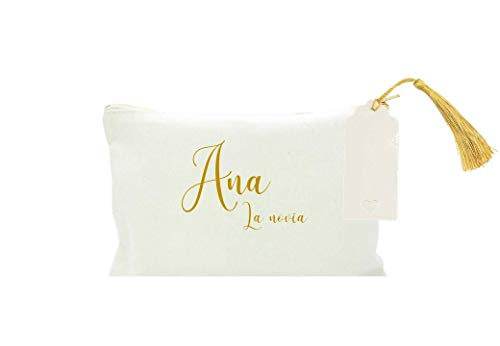 Neceser BODA novia, madrina, amiga de la novia, personalizado en algodón blanco, con borla DORADA. 2 TAMAÑOS. Regalo Boda. Regalo original para mujer.