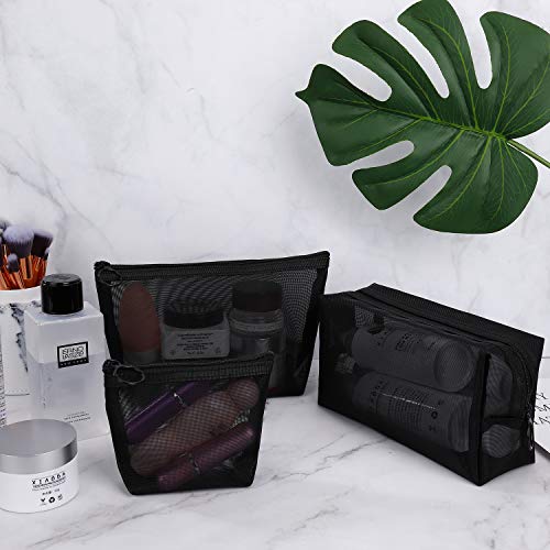 Neceser de Maquillaje, Malla Bolsa de Aseo Cosméticos, Bolsa de Artículos de Tocador de Viaje con Cremallera para Mujer y Hombre, Juego de 3 (Negro)