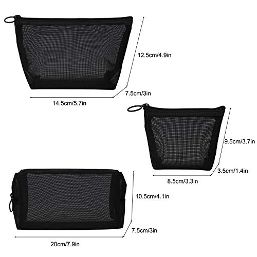 Neceser de Maquillaje, Malla Bolsa de Aseo Cosméticos, Bolsa de Artículos de Tocador de Viaje con Cremallera para Mujer y Hombre, Juego de 3 (Negro)