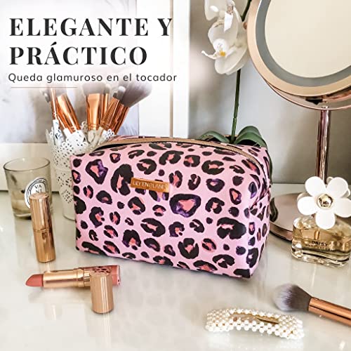 Neceser Mujer para Ordenar Bolso - Organizador de Maquillaje, Bolsa de Aseo o Estuche Escolar - Neceser de Viaje - Estampado de Leopardo Rosa - Lily England