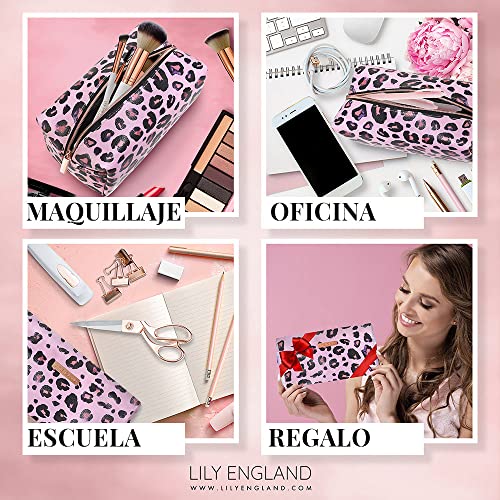 Neceser Mujer para Ordenar Bolso - Organizador de Maquillaje, Bolsa de Aseo o Estuche Escolar - Neceser de Viaje - Estampado de Leopardo Rosa - Lily England