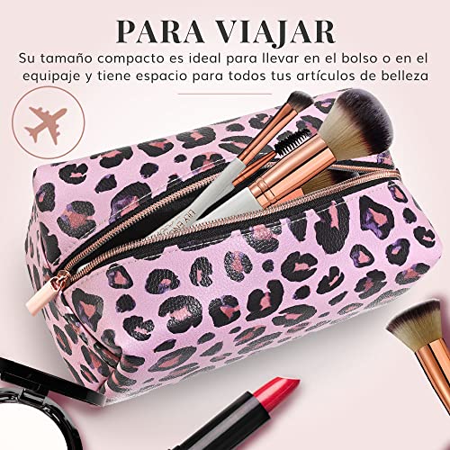 Neceser Mujer para Ordenar Bolso - Organizador de Maquillaje, Bolsa de Aseo o Estuche Escolar - Neceser de Viaje - Estampado de Leopardo Rosa - Lily England