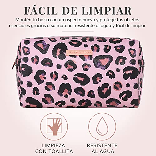 Neceser Mujer para Ordenar Bolso - Organizador de Maquillaje, Bolsa de Aseo o Estuche Escolar - Neceser de Viaje - Estampado de Leopardo Rosa - Lily England