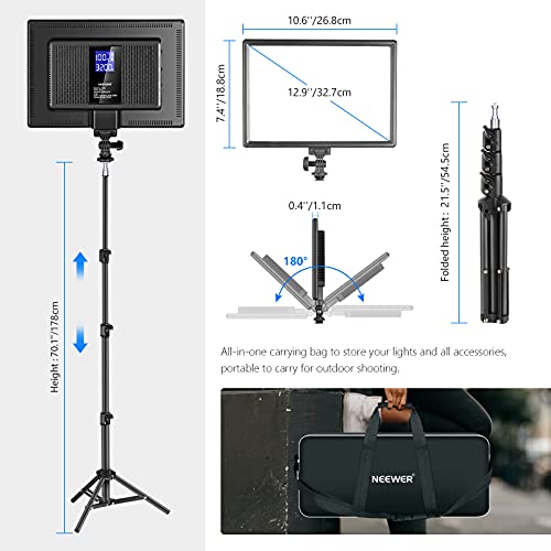 Neewer Kit de Iluminación de Video LED con Soporte de Luz de 178cm, 2 Pack Luces de Video Suave de 384 LED, Batería de Litio Incorporada 3200K-5600K CRI 97+ Panel de Luz Ultrafino en Cámara Youtube