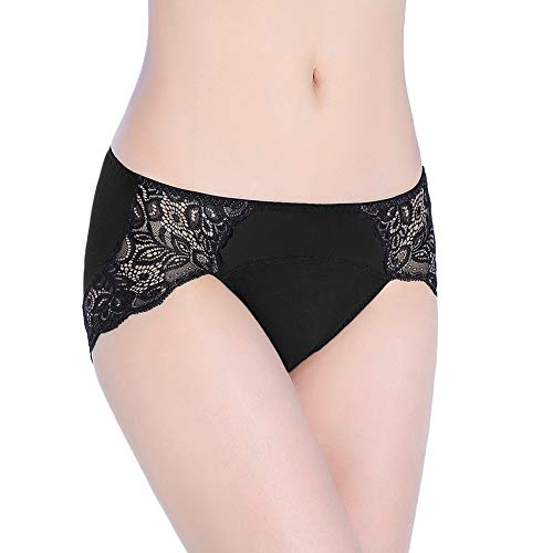 Neione Mujer Bragas de Encaje Hipsters Menstruales Absorbentes Ropa Interior para la Menstruación Periodo Regla PK de 3 Negro 2XL