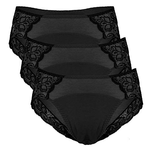 Neione Mujer Bragas de Encaje Hipsters Menstruales Absorbentes Ropa Interior para la Menstruación Periodo Regla PK de 3 Negro 2XL