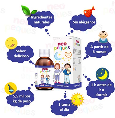 Neo Peques | Jarabe Infantil para Niños Felices Sueños 150 ml | A Base de Melisa, Magnesio y Vitamina B6 | Tomar 1 Hora Antes de Acostarse 0,5 ml/kg de Peso Corporal | Dosis Diaria Máxima 20 ml