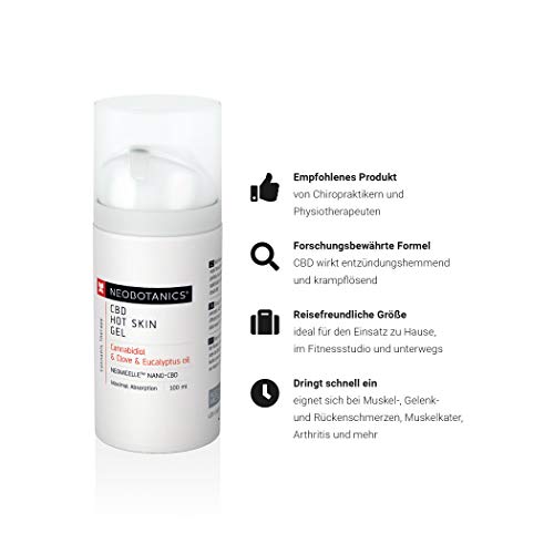 NEOBOTANICS® Nano CBD Gel caliente para el dolor. Gel calentador de CBD con el ingrediente activo cannabidiol para dolores articulares y musculares, tensión en la zona de la espalda, cuello y hombros.