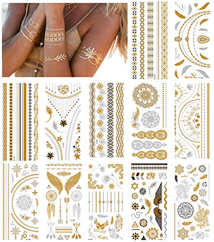 NEPAK 12 hojasPegatinas de tatuaje de metal, pegatinas de tatuaje temporal de metal, pegatinas de tatuaje falsas impermeables brillantes, adecuadas para adultos o niños