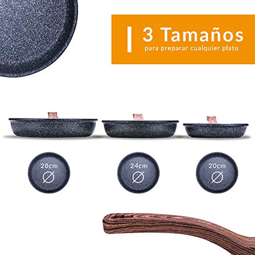 NEWCHEF - Juego de Sartenes Antiadherentes FOLK 3pzs. (20,24,28Ø cm) de Aluminio, apto para Inducción y Vitrocerámica. Set de sartenes Antigoteo con Mango Ergonómico, Fáciles de Limpiar y Libre PFOA