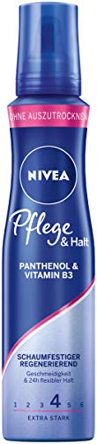 NIVEA Espuma de cuidado y fijación extra fuerte (150 ml), con pantenol y vitamina B3, espuma voluminizadora para peinados flexibles con duración 24 horas.