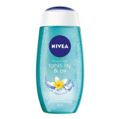 NIVEA Gel de ducha Tahiti Lily & Oil en paquete de 6 x 250 ml, gel de ducha fresco y revitalizante, fórmula gel enriquecida con perlas de aceite y perfume de Frangipan.