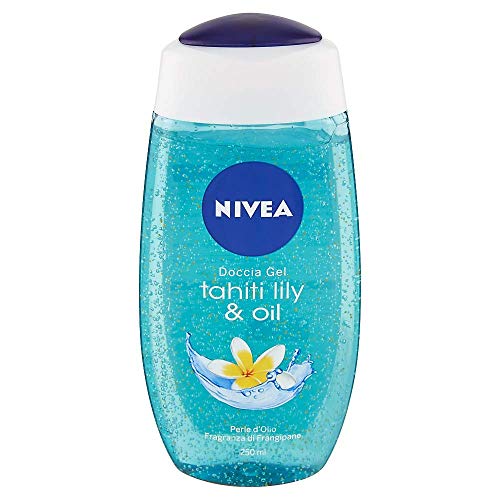 NIVEA Gel de ducha Tahiti Lily & Oil en paquete de 6 x 250 ml, gel de ducha fresco y revitalizante, fórmula gel enriquecida con perlas de aceite y perfume de Frangipan.