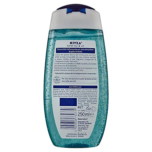 NIVEA Gel de ducha Tahiti Lily & Oil en paquete de 6 x 250 ml, gel de ducha fresco y revitalizante, fórmula gel enriquecida con perlas de aceite y perfume de Frangipan.
