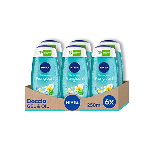 NIVEA Gel de ducha Tahiti Lily & Oil en paquete de 6 x 250 ml, gel de ducha fresco y revitalizante, fórmula gel enriquecida con perlas de aceite y perfume de Frangipan.