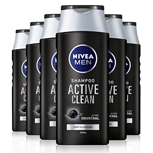 NIVEA MEN Champú Active Clean Paquete de 6 (6 x 250 ml), champú activo de carbón para cabello normal, champú de limpieza profunda para hombres con fragancia masculina fresca