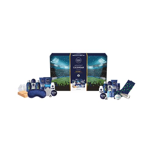 Nivea Men - Conjunto de regalos del calendario de Adviento 2021 para hombres con 24 productos Nivea Men, kit de aseo navideño, juego de regalo temático de fútbol con artículos de baño para hombres