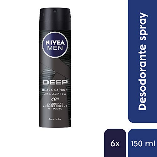 NIVEA MEN DEEP Dry & Clean Spray, desodorante de hombre con protección 48 h, antitranspirante para el cuidado masculino - pack de 6 x 150 ml