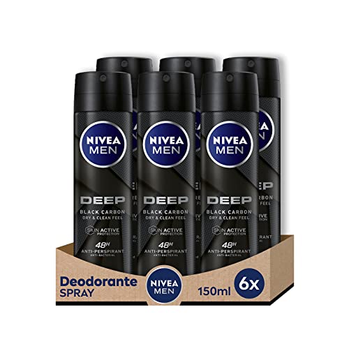 NIVEA MEN DEEP Dry & Clean Spray, desodorante de hombre con protección 48 h, antitranspirante para el cuidado masculino - pack de 6 x 150 ml