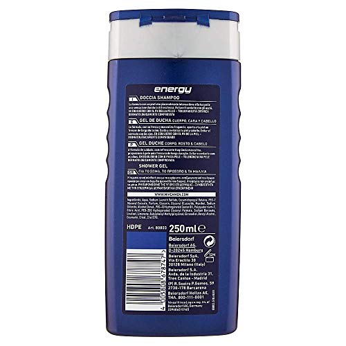 NIVEA MEN Energy Fresh Effect - Champú de ducha para hombre, 6 x 250 ml, gel de ducha para cuerpo, cara y cabello, champú para hombre con extractos de menta