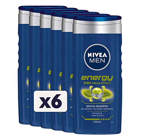 NIVEA MEN Energy Fresh Effect - Champú de ducha para hombre, 6 x 250 ml, gel de ducha para cuerpo, cara y cabello, champú para hombre con extractos de menta