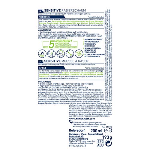 NIVEA MEN Espuma de afeitar Sensitive en paquete de 6 unidades (6 x 200 ml), espuma de afeitar para un afeitado suave y suave, espuma de afeitar para hombre