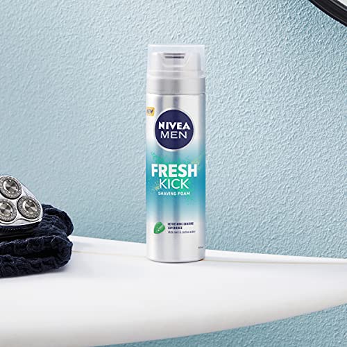 NIVEA MEN Fresh Kick - Espuma de afeitar (200 ml), espuma de afeitar refrescante, espuma de afeitar para hombres con infusión de menta y agua de cactus, espuma de afeitar para hombre