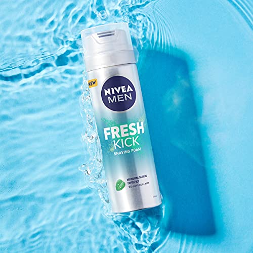 NIVEA MEN Fresh Kick - Espuma de afeitar (200 ml), espuma de afeitar refrescante, espuma de afeitar para hombres con infusión de menta y agua de cactus, espuma de afeitar para hombre