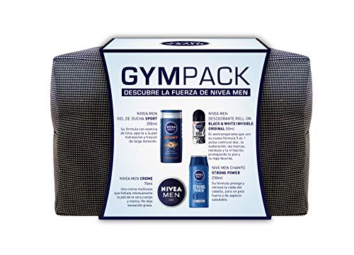 NIVEA MEN Neceser Gimnasio Gympack, neceser con gel de ducha (1 x 250 ml), champú reparador (1 x 250 ml), desodorante roll on (1 x 50 ml) y crema NIVEA MEN (1 x 75 ml)