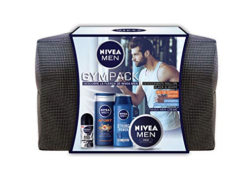 NIVEA MEN Neceser Gimnasio Gympack, neceser con gel de ducha (1 x 250 ml), champú reparador (1 x 250 ml), desodorante roll on (1 x 50 ml) y crema NIVEA MEN (1 x 75 ml)