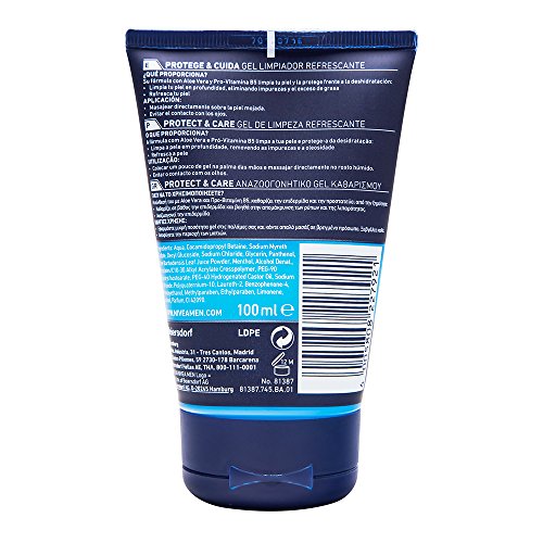 NIVEA MEN Protege & Cuida Gel Limpiador Refrescante, gel refrescante para una limpieza facial profunda, gel limpiador facial con aloe vera - 1 x 100 ml