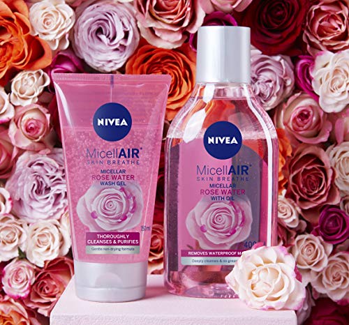 NIVEA MicellAIR Agua micelar de agua de rosas con aceite (400 ml), agua de limpieza micelar, removedor de maquillaje impermeable, tóner de agua de rosas para una limpieza completa