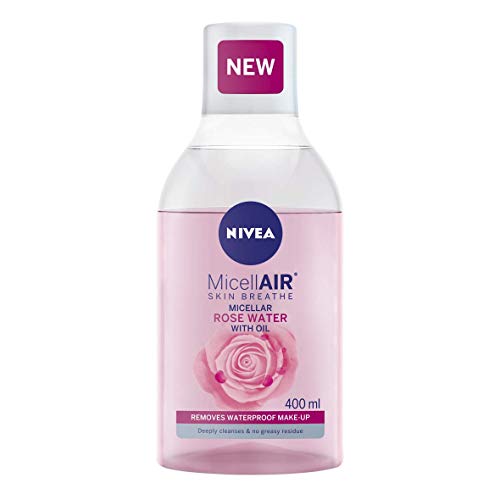NIVEA MicellAIR Agua micelar de agua de rosas con aceite (400 ml), agua de limpieza micelar, removedor de maquillaje impermeable, tóner de agua de rosas para una limpieza completa