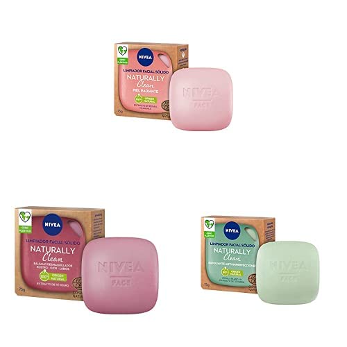 NIVEA Naturally Clean Limpiador Facial Sólido con extracto de rosa y vitamina E + NIVEA Naturally Clean con extracto de té negro + NIVEA Naturally Clean con arcilla blanca