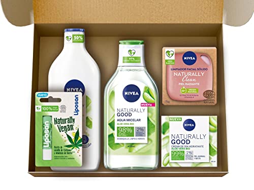 NIVEA Pack Naturally Good con loción corporal (1 x 350 ml), agua micelar (1 x 400 ml), crema de día (1 x 50 ml), bálsamo labial (1 x 4,8 g) y limpiador facial (1 x 75 g)